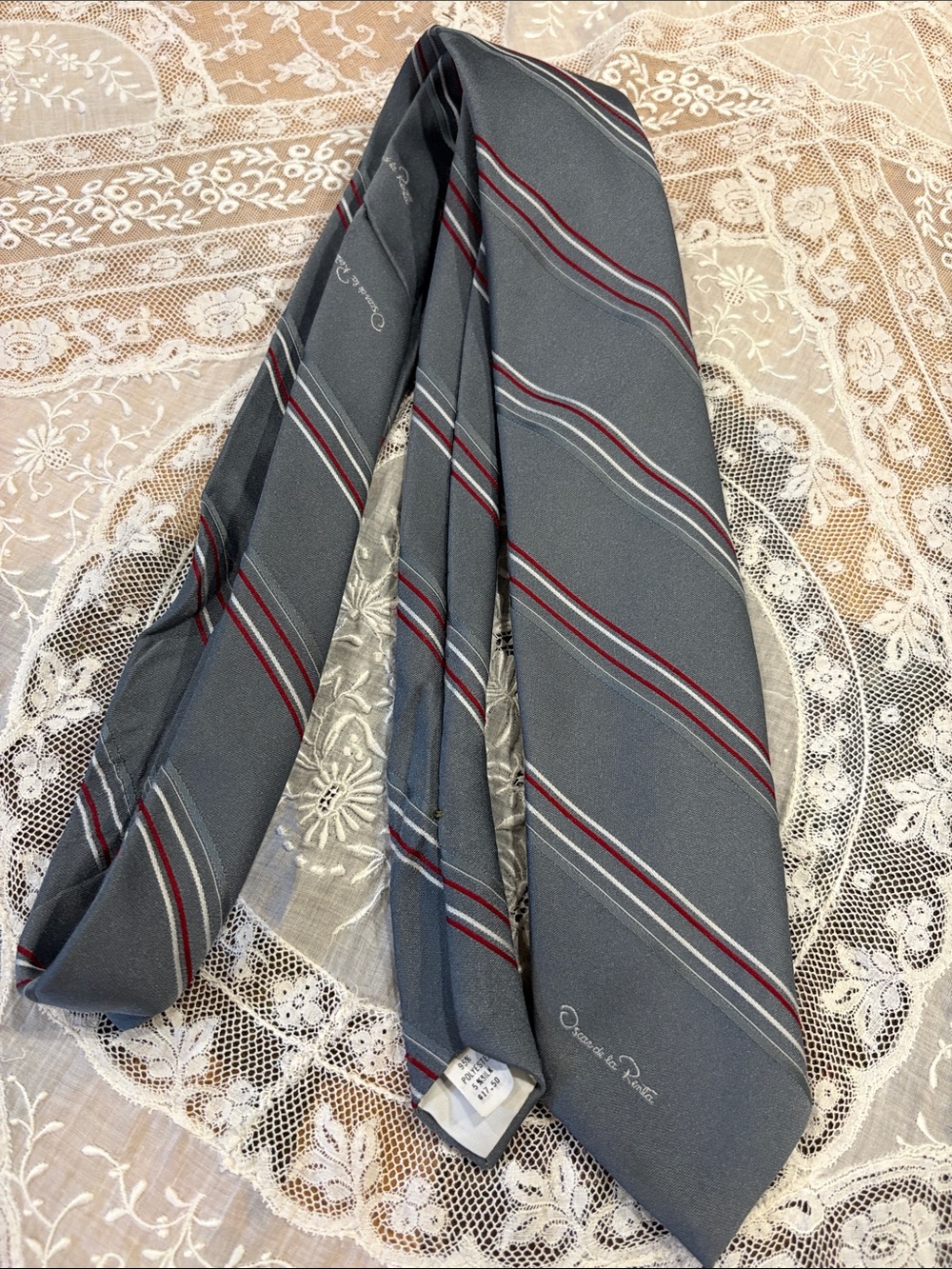 Oscar de la Renta Gray Stripe Tie with Red and White Accents